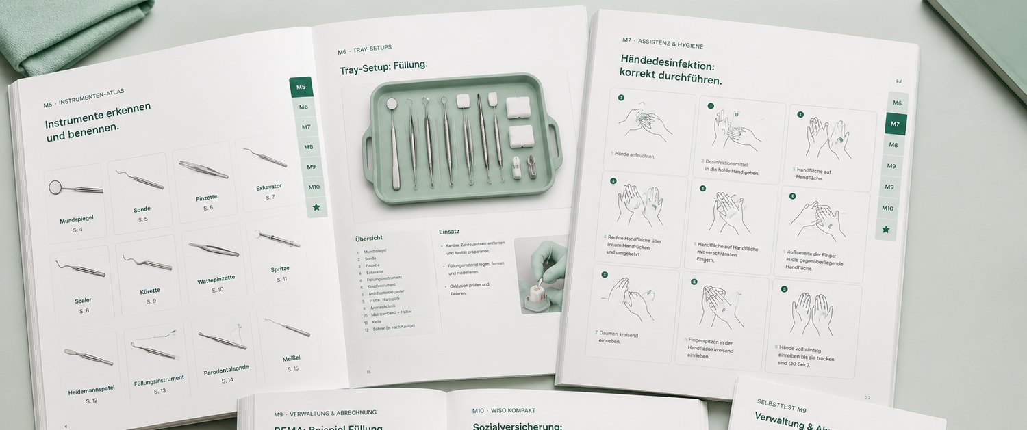Mehrere aufgeschlagene Doppelseiten des Lernatlas nebeneinander: Instrumenten-Atlas, Tray-Setup und Händedesinfektion